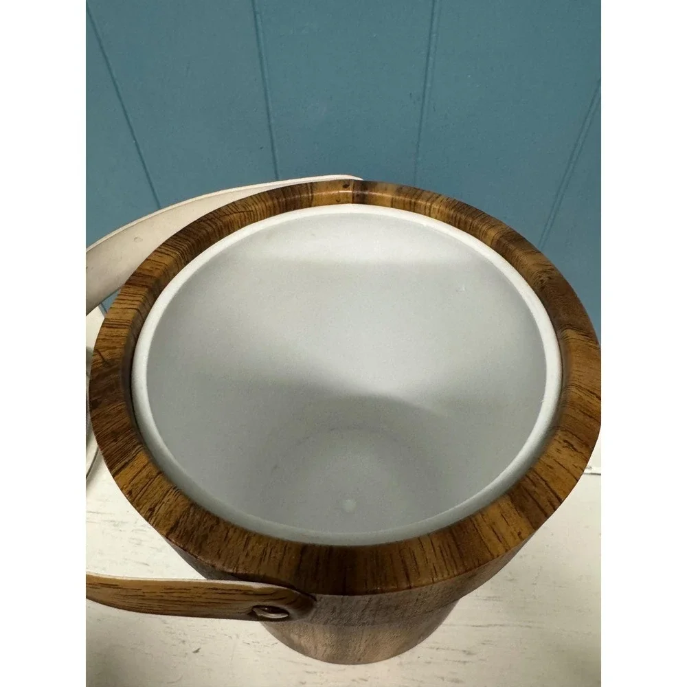 Vintage Mid Century Modern Wood Grain Ice Bucket Gold Trim MCM Barware